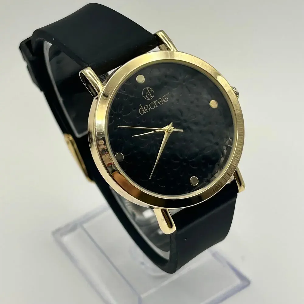 Decree Gold Tone Black Silicon Band Women’s Minimalist Watch  New Battery